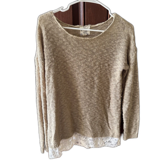 Hippie Rose Sweater Women’s Medium Beige Knit Lace Hem Pullover Casual Boho Chic - Picture 1 of 8